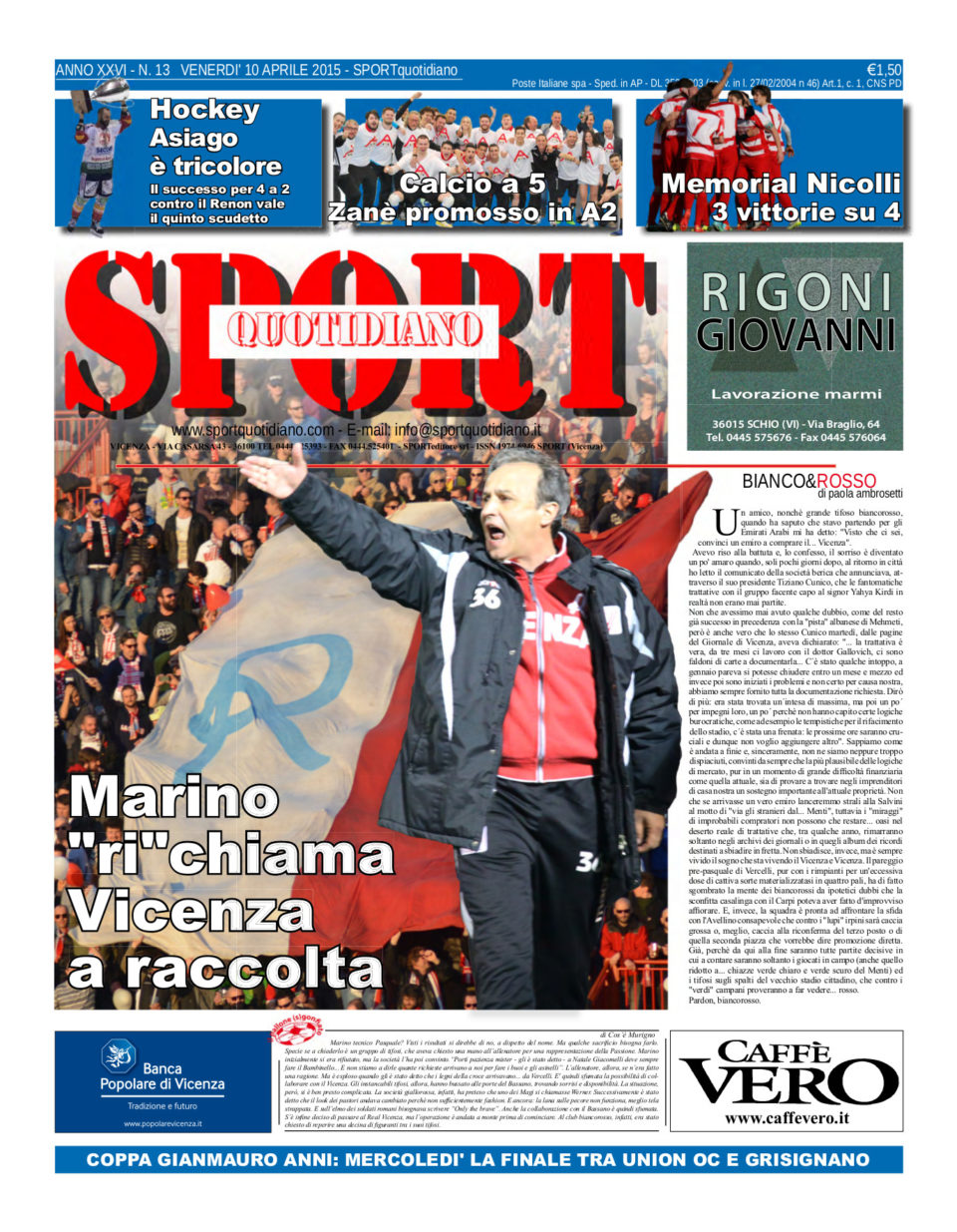 La prima pagina di Sport Quotidiano in edicola venerdì 10 aprile 2015